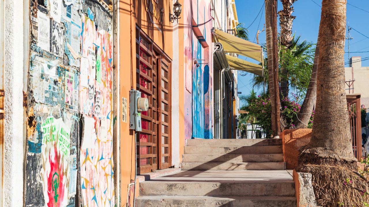 La Paz, Baja California Sur, Mexico. November 18, 2021. Sunny sidewalk in the city of La Paz.