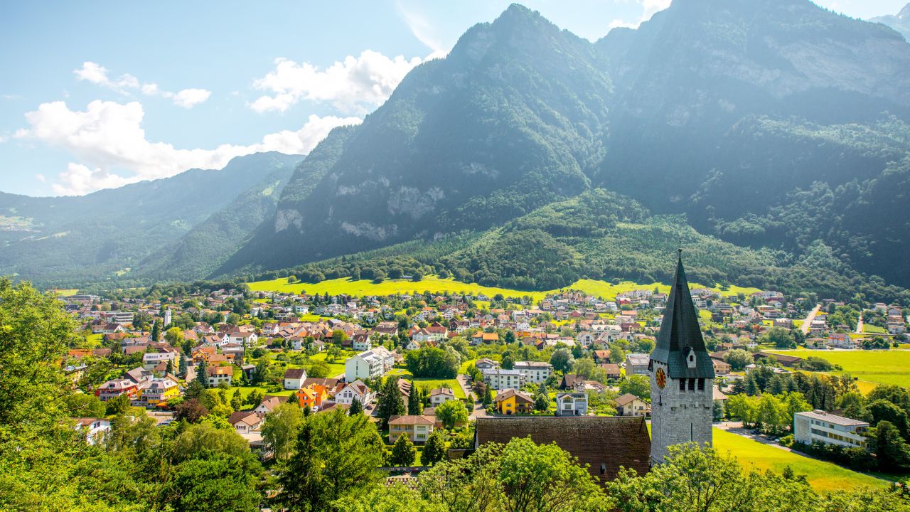 Landscape view on Balzers village with saint Nicholas church in Liechtenstein
