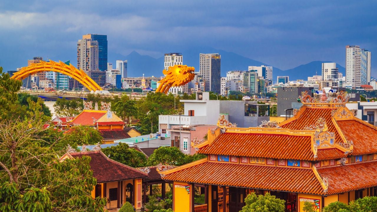 Da Nang city with Dragon Bridge in Vietnam. Panorama of the city in Asia at day