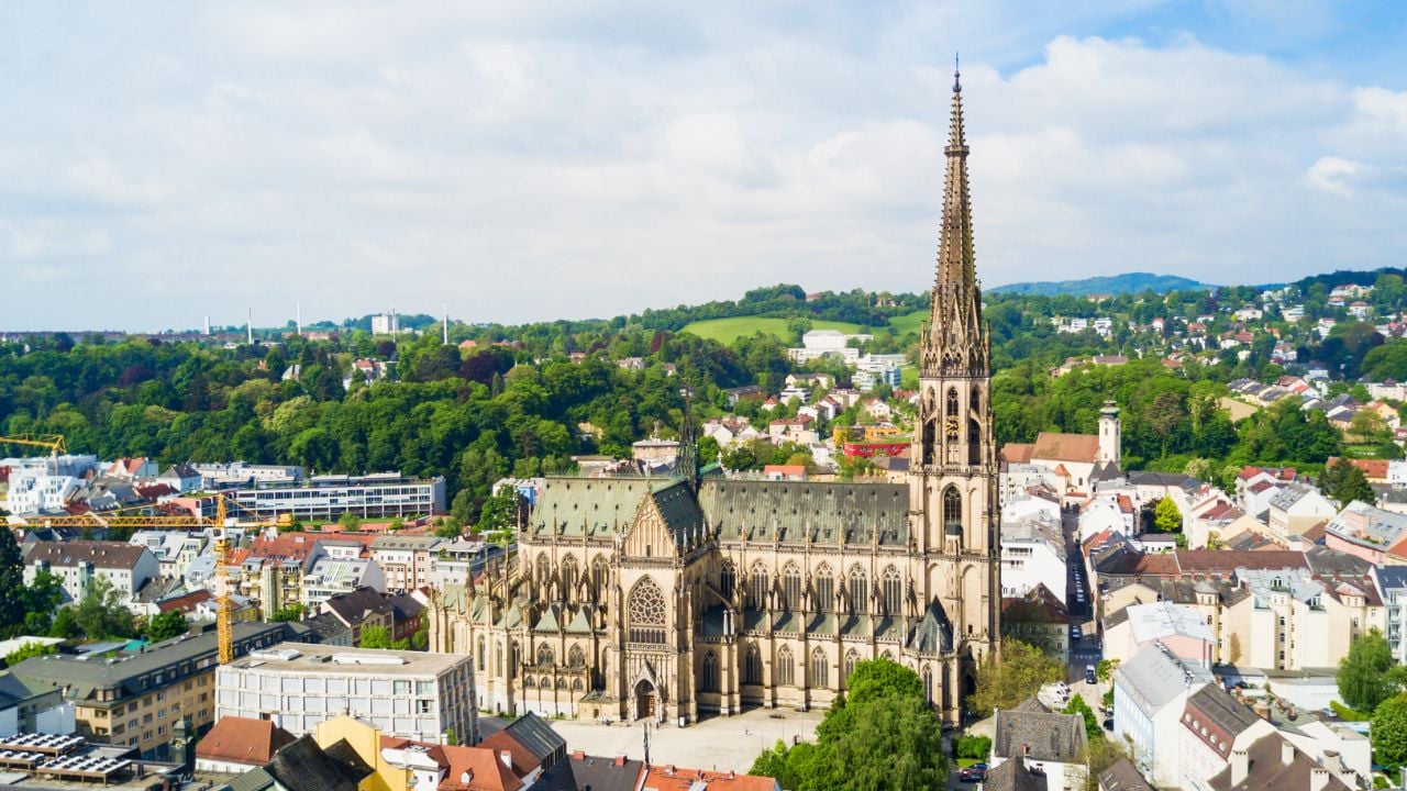Aerial view of the New Cathedral in Linz, Austria