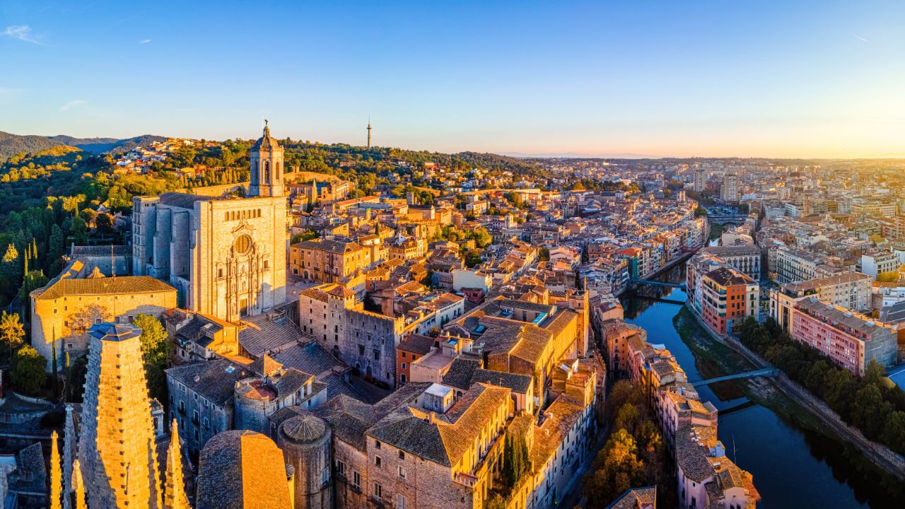 Aerial view of Girona beside the River Onyar in Catalonia, Spain