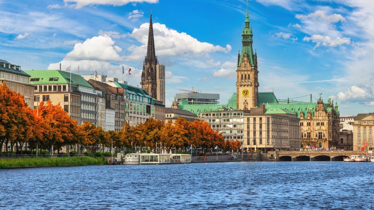 Hamburg Germany, city skyline at Alster with autumn foliage season