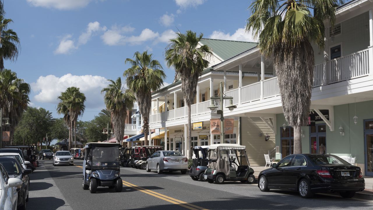 Downtown shopping area in Sumpter Landing a residential location in The Villages Florida USA. April 2017