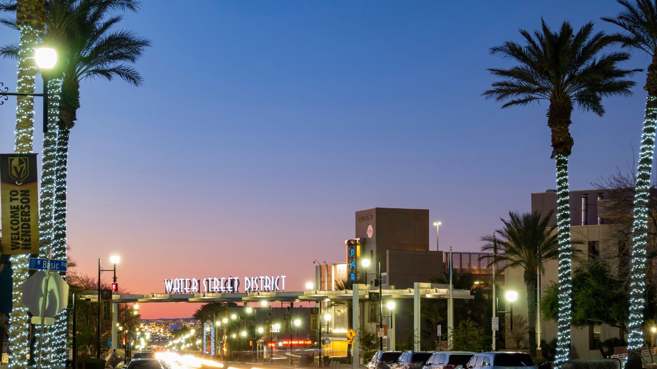 Henderson, FEB 10: Sunset view of the beautiful Water Street District on FEB 10, 2020 at Henderson, Nevada