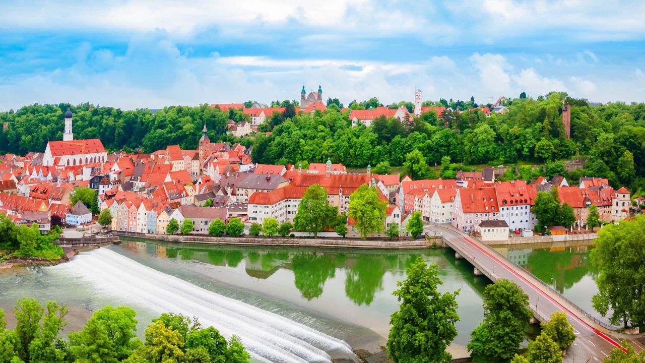 Lech river weir aerial panoramic view in Landsberg am Lech, a town in southwest Bavaria, Germany