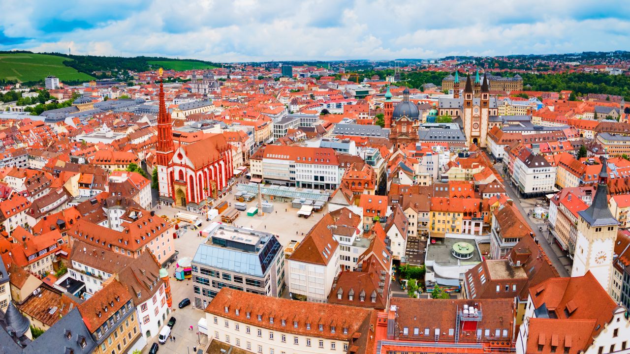 Marienkapelle or St. Mary Church at Market square or Marktplatz in Wurzburg old town aerial panoramic view. Wurzburg or Wuerzburg is a city in Franconia region of Bavaria, Germany.