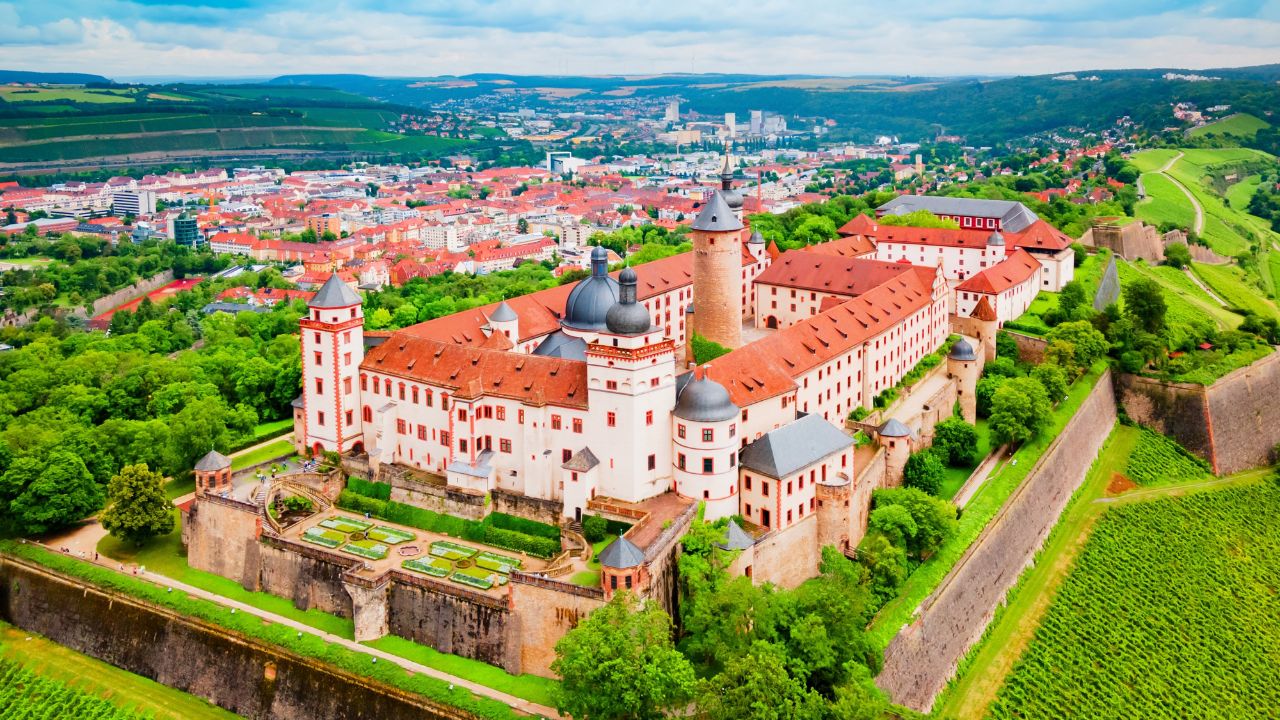 Marienberg Fortress aerial panoramic view in Wurzburg old town. Wurzburg or Wuerzburg is a city in Franconia region of Bavaria state, Germany.