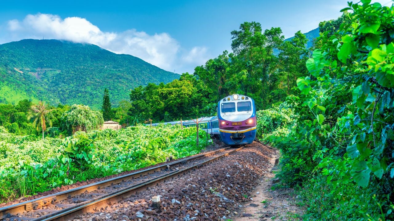 Train and railway on Hai Van Pass, Hue, Vietnam
