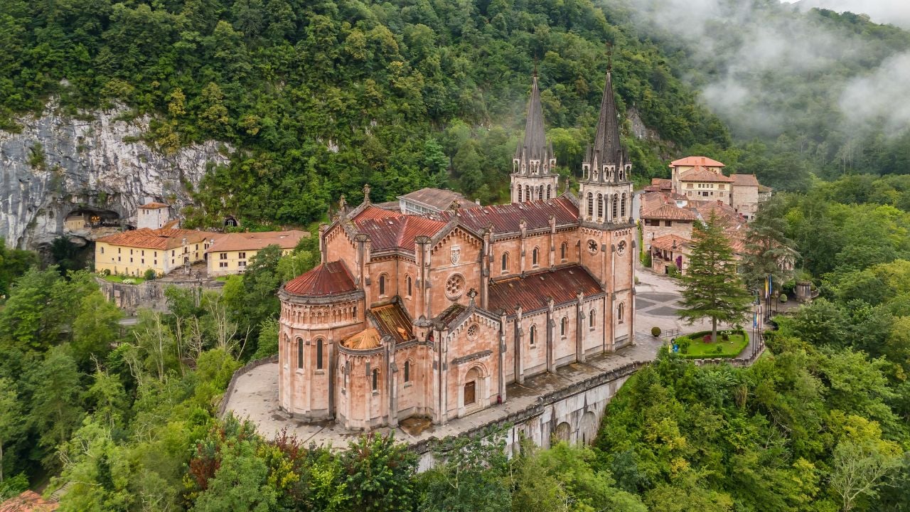 Aerial view of the Covadonga Sanctuary in Asturias, Northern Spain. Basilica de Santa Maria la Real de Covadonga, situated in the Picos de Europa mountains