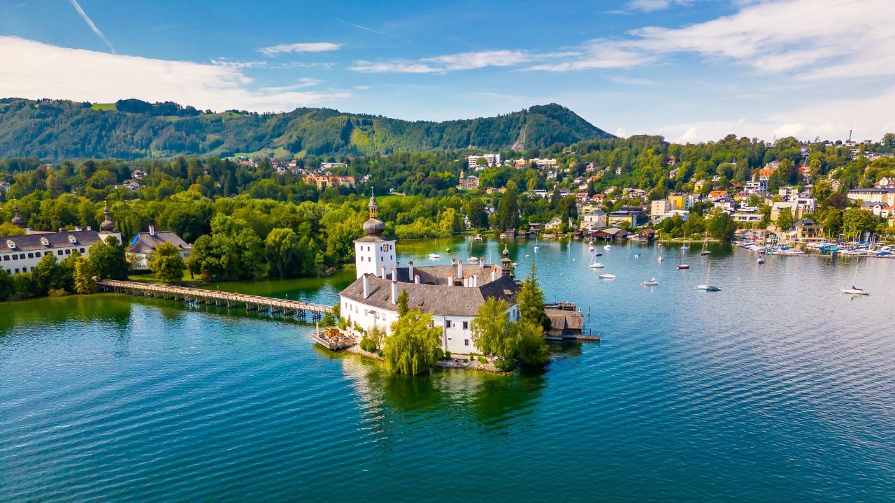 Schloss Ort (or Schloss Orth) is an Austrian castle situated in the Traunsee lake, in Gmunden. Aerial drone view.