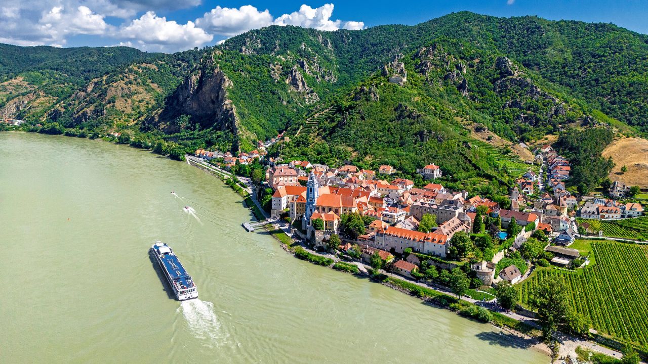 Dürnstein with Dürnstein castle on Danube river in the Wachau region in Lower Austria, Austria