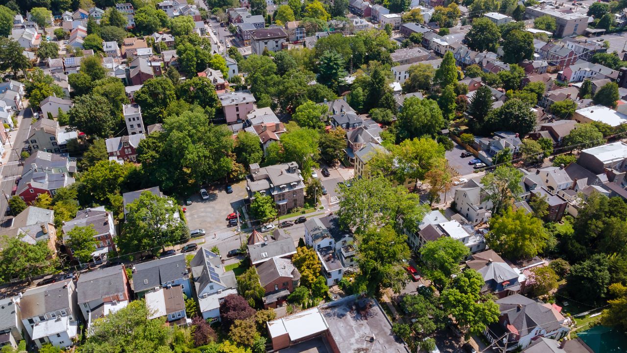 Panoramic view of a neighborhood in roofs of houses of residential area of Lambertville NJ USA near the historic city New Hope Pennsylvania