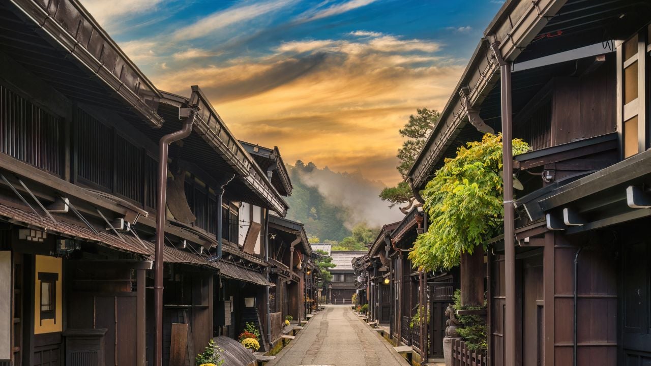 Takayama Gifu Japan, sunrise city skyline at Takayama old town Sannomachi street in autumn season