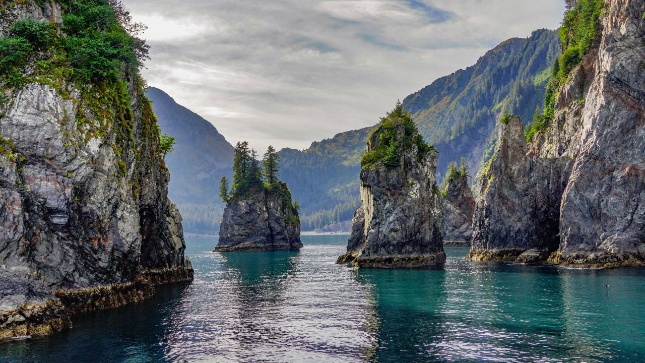Rock Spires in the Turquoise Water of Spire Cove in the Kenai Fjords National Park