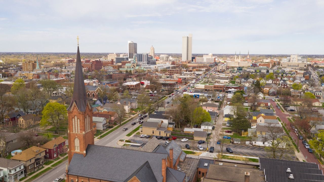 Aerial View Over The Urban City Center Skyline in Fort Wayne Indiana