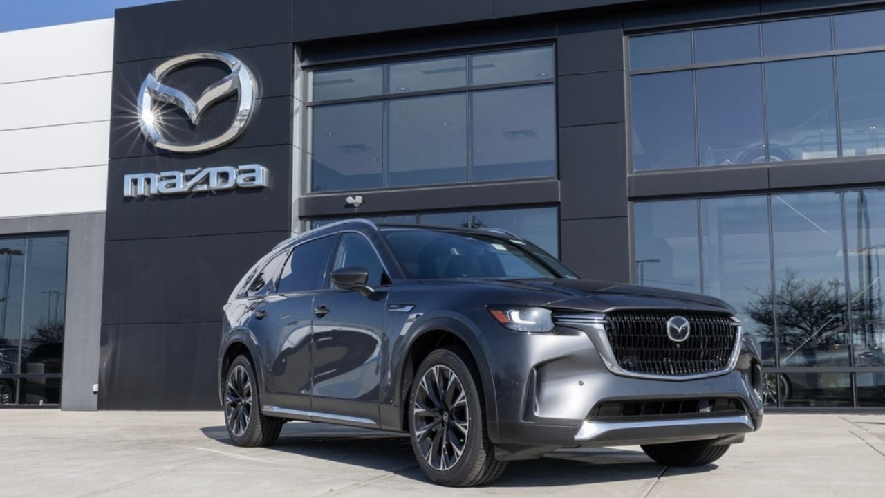 Cincinnati - November 23, 2023 Mazda CX-90 PHEV display at a dealership. Mazda offers the CX-90 in Turbo Select, Preferred, Plus or Premium models.