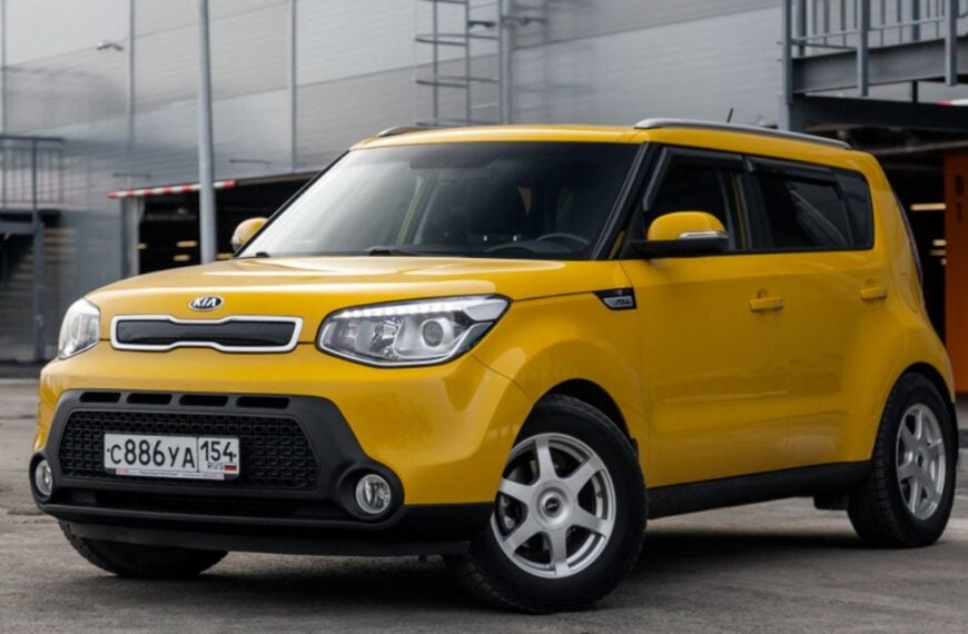 Novosibirsk, Russia - Kia Soul, side view. Photography of a modern yellow car on a street in Novosibirsk