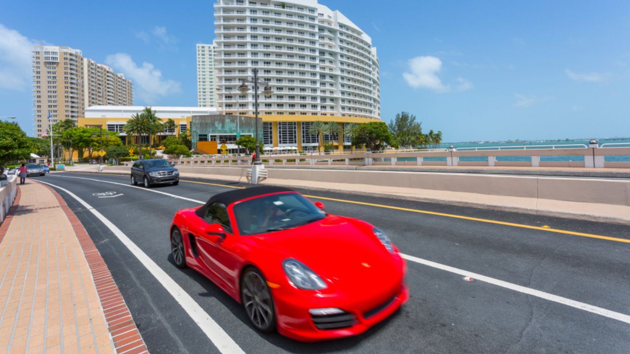 Sports car on route to Birkell Key in Downtown Miami, Miami, Florida, United States of America, North America