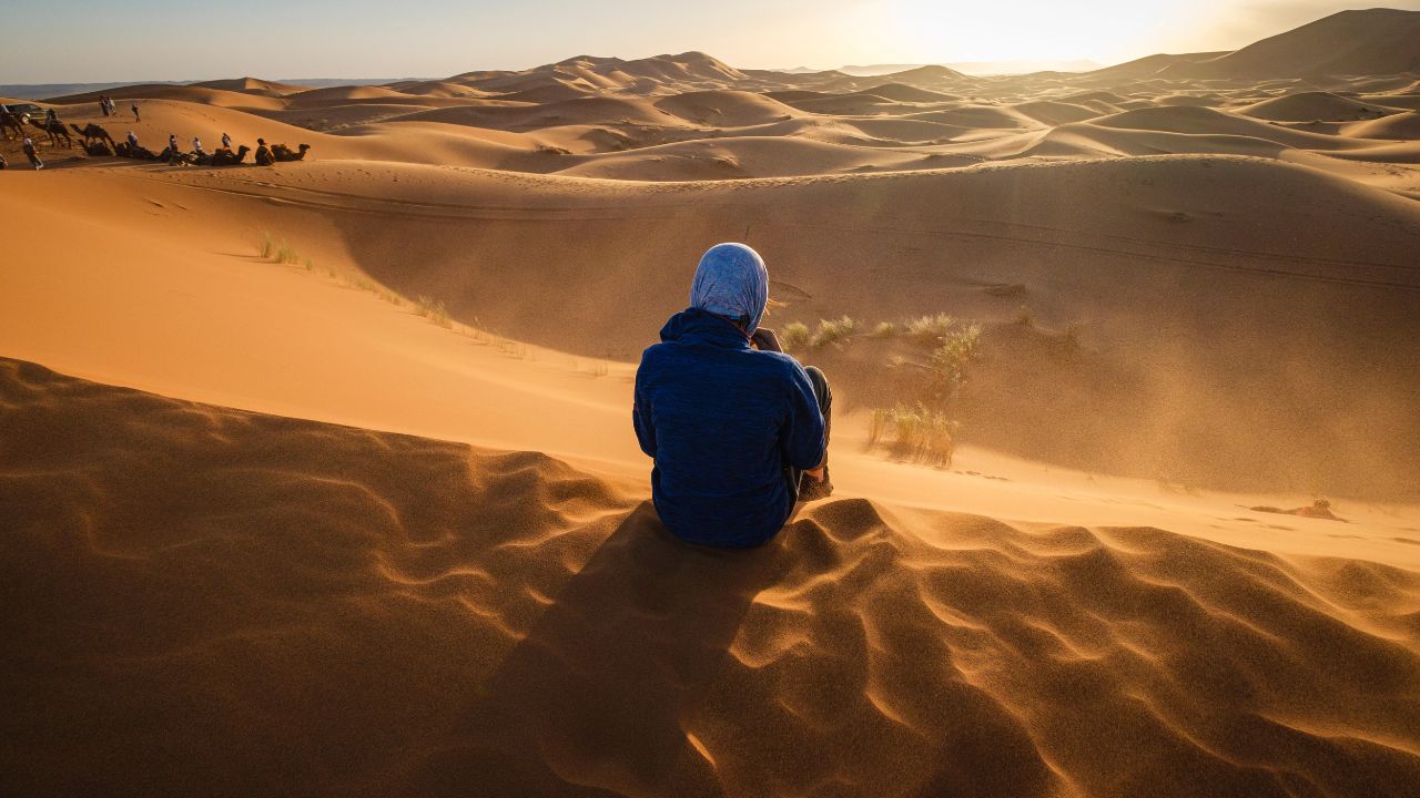 tourist camel caravan on Erg Chebbi, Merzouga, Taffilalet, Morocco, Africa