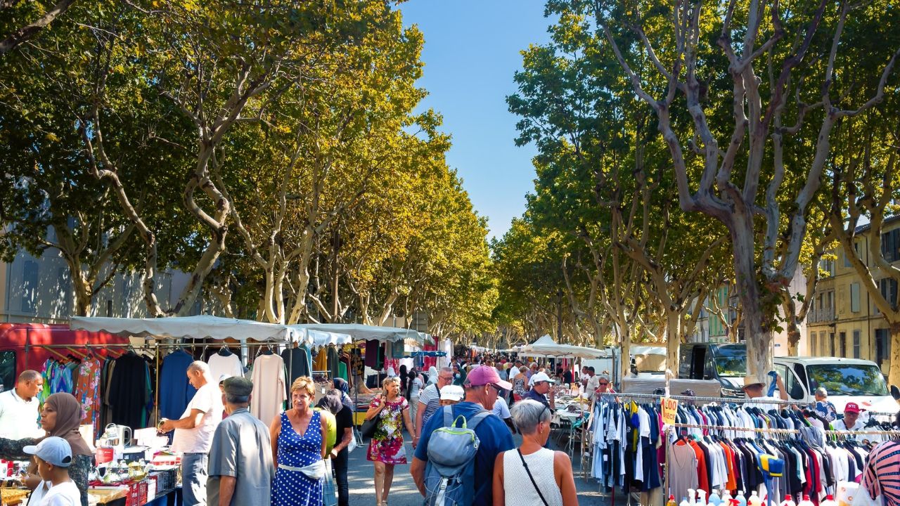 Arles, France, Sept 9th 2023, urban scene on a Provencal street market