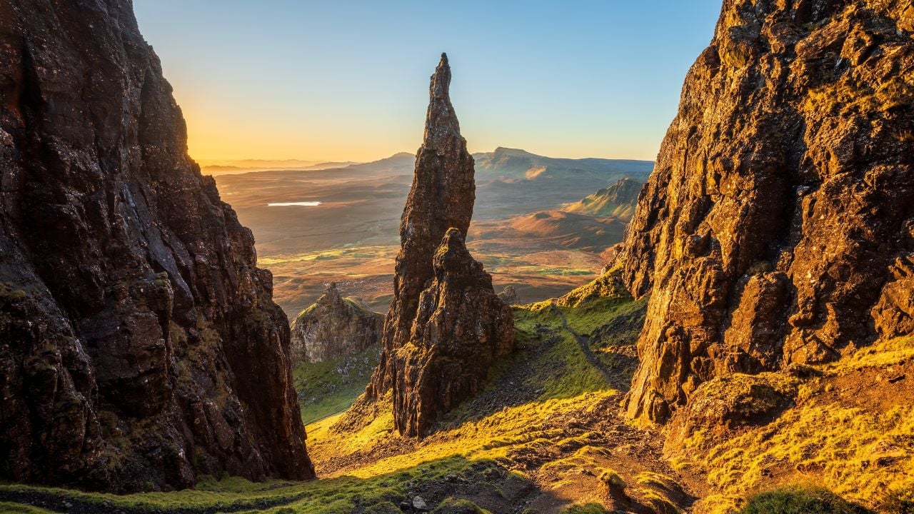 Golden sunrise from famous Needle viewpoint overlooking The Quiraing on The Isle of Skye, UK.