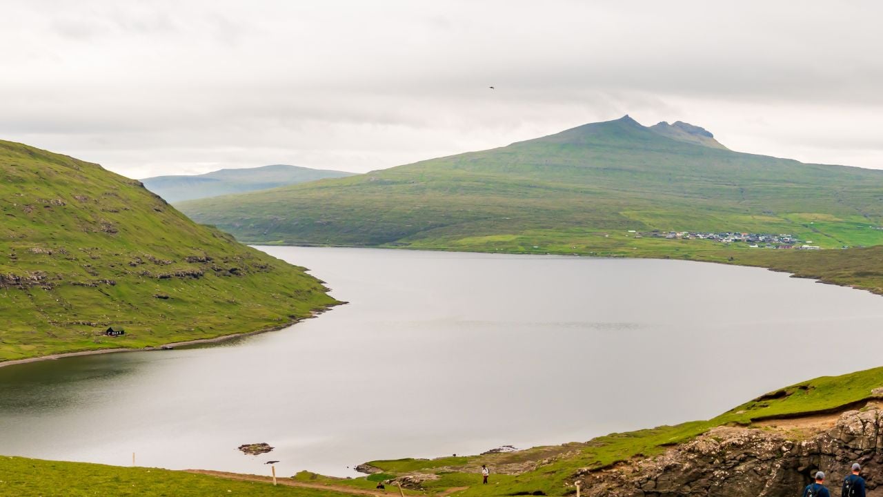 Amazing, panoramic view for Sorvagsvatn (Sørvágsvatn) lake above the ocean level and Traelanipa (Trælanípa) mountain peak, Vagar Island, Faroe Islands, Kingdom of Denmark.
