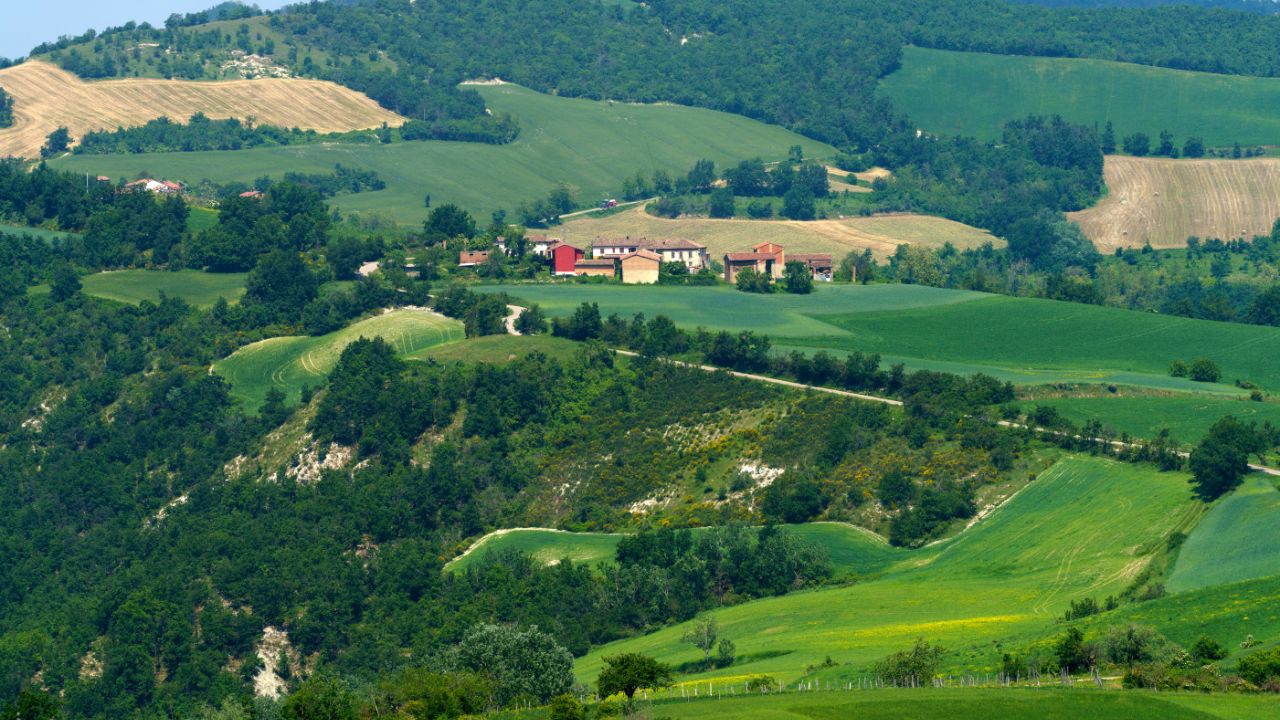 Rural landscape at springtime in Piedmont near Brignano and Serra del Monte, Alessandria province, Piedmont, Italy