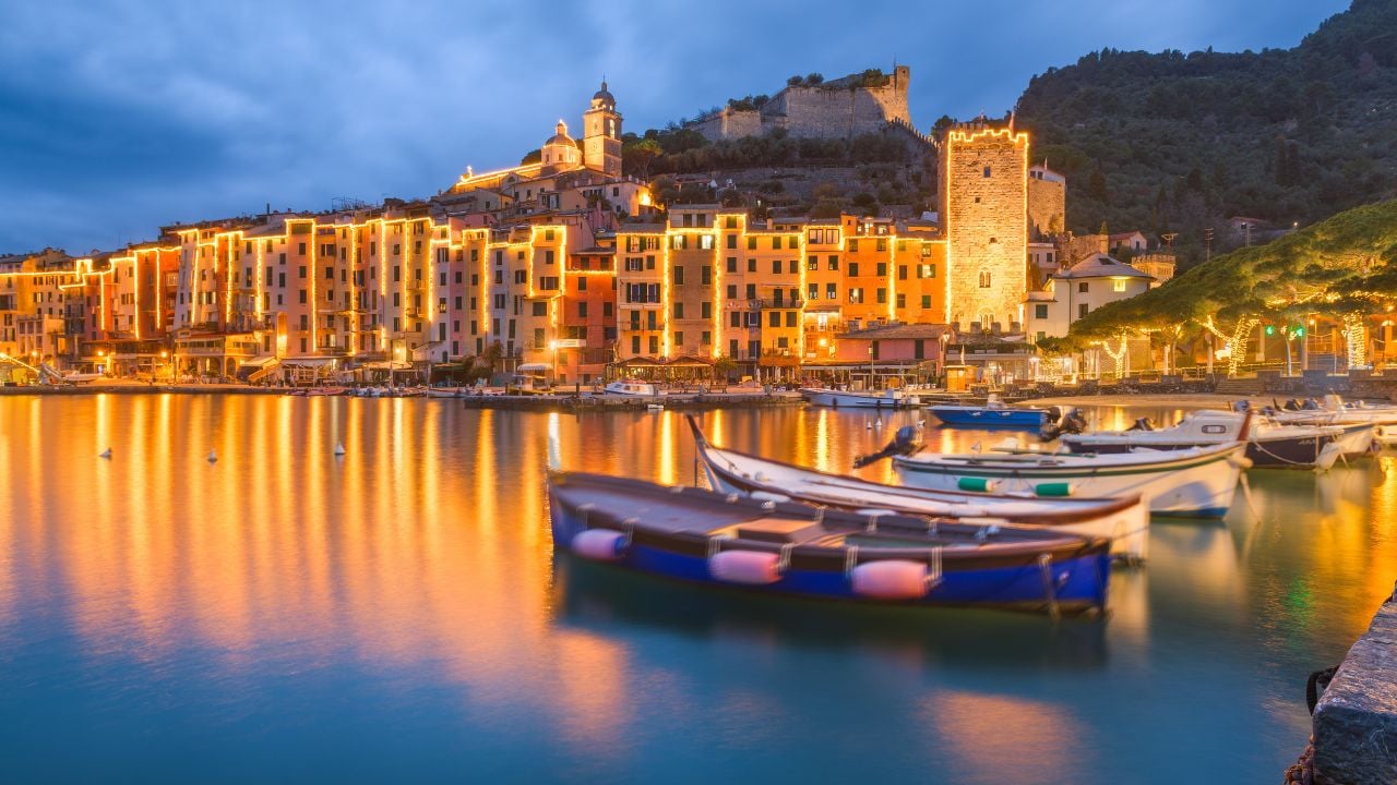 Porto Venere, La Spezia, Italy historic townscape at dusk.