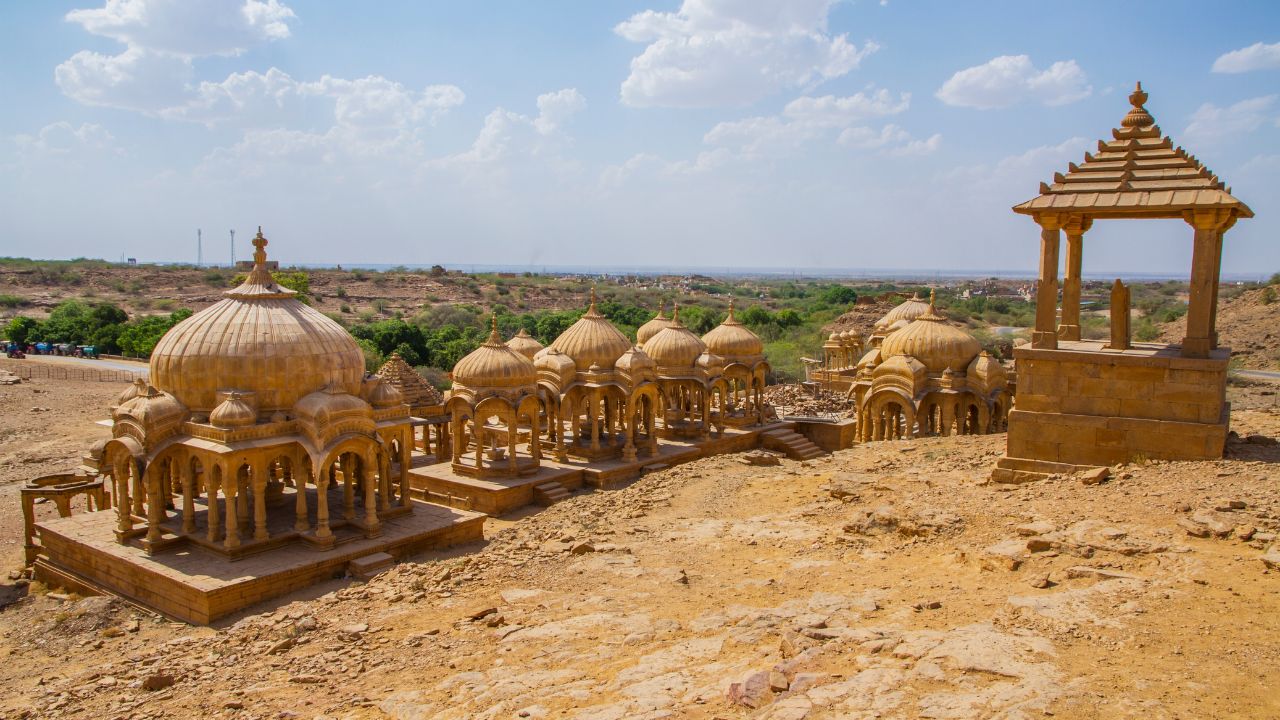 Royal Cenotaphs at Bada Bagh ancient King's memorials complex, around 6 km north of Jaisalmer city, in the state of Rajasthan in India