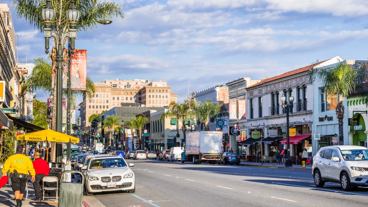 March 15, 2018 Pasadena, CA / USA - Downtown street lined up with shops and restaurants