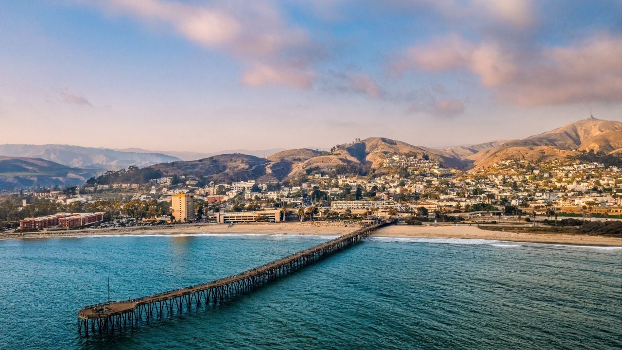 Scenic view of Ventura beach across the water on a sunny day, California, USA