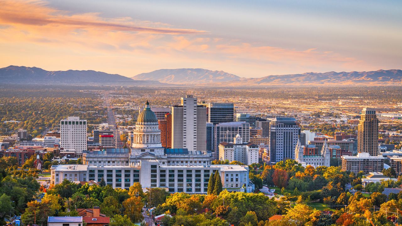 Salt Lake City, Utah, USA downtown city skyline at dawn.