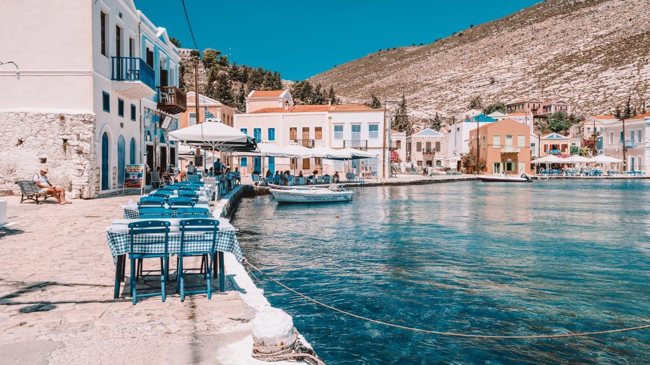 Kastellorizo island Greece August 2018, Megisti harbor Greek village between Turkey Kas and Greece.