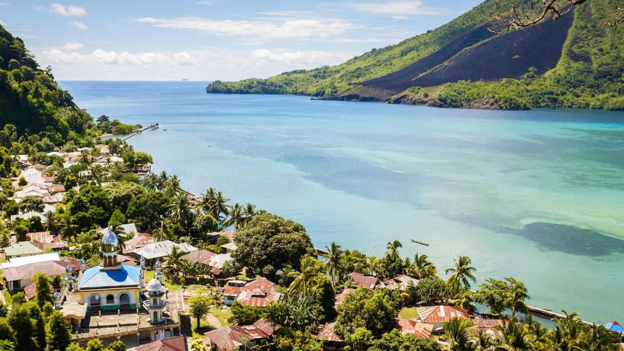 View over the Banda Islands and volcano in the background