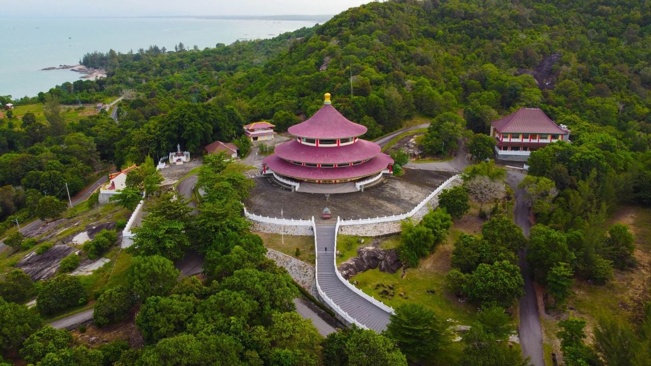 Bangka Indonesia, Aerial Pagoda Vihara Puri Tri Agung landmark of Bangka Belitung, Vihara is one of the icons of the City of Bangka Belitung