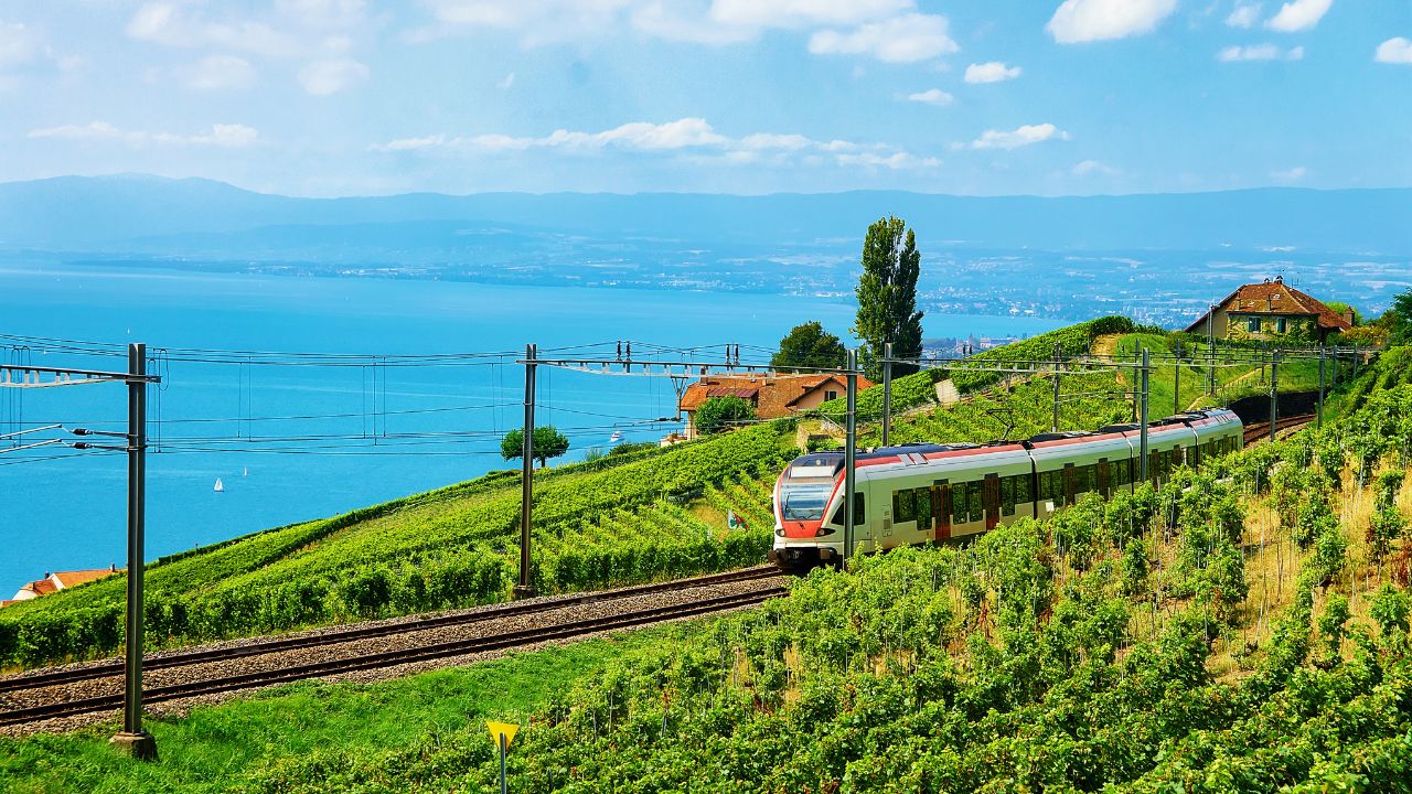 Railroad through Lavaux Vineyard Terraces above Lake Geneva in Switzerland
