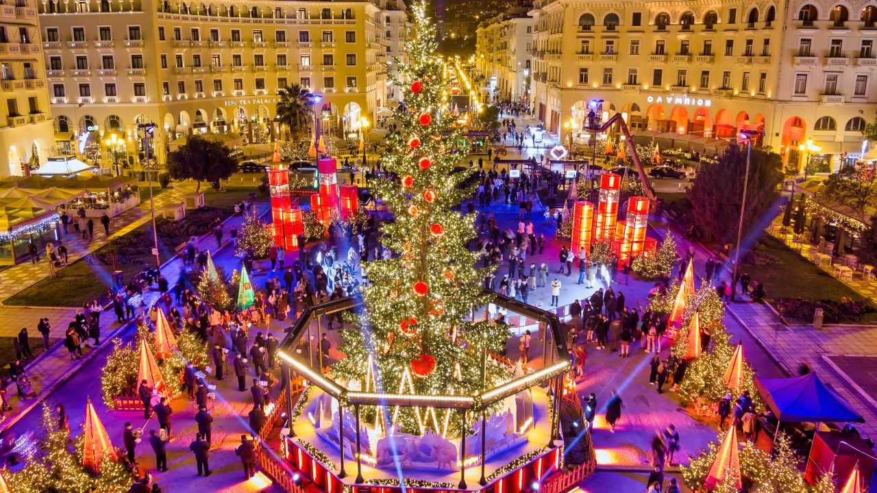Thessaloniki, Greece - December 8, 2021: Aerial view of Aristotelous Square in Thessaloniki, Greece, which was decorated for Christmas