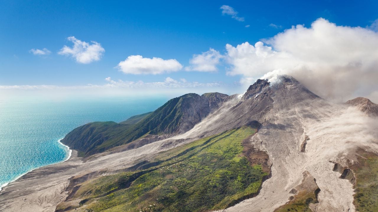 The active Soufriere Hills Volcano in Montserrat seen from helicopter.