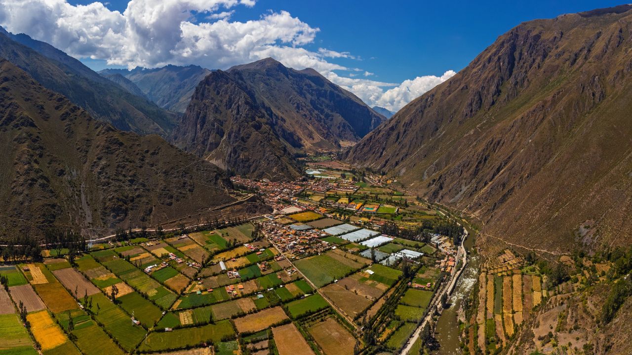 Aerial view of the archaeological site of Ollantaytambo in the Sacred Valley of Cusco. Peru