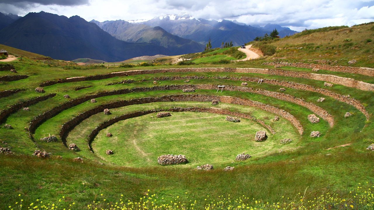 Moray archaeological Inca ruins with circular shape terraces, in Moray town of Peru.