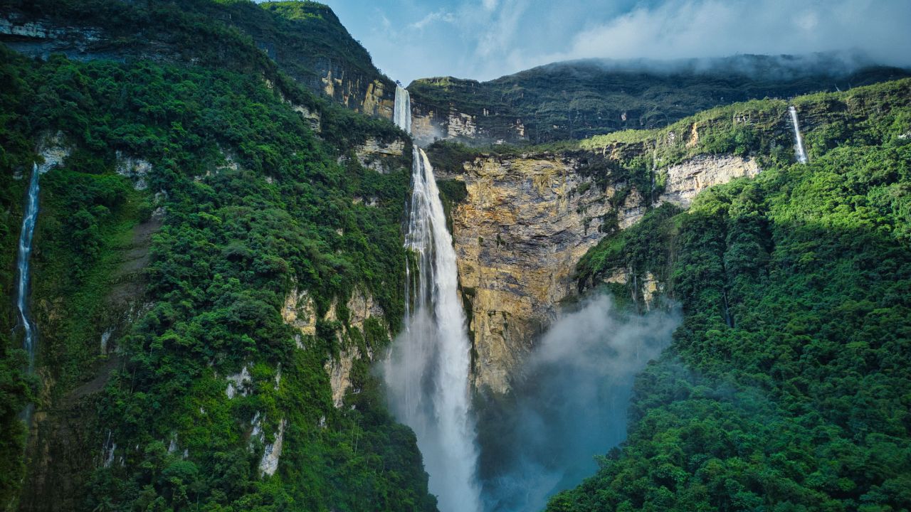 View from drone on Gocta Falls 771m, one of tallest waterfalls in the world, located close to Chachapoyas, one of the gateways to the Peruvian jungle