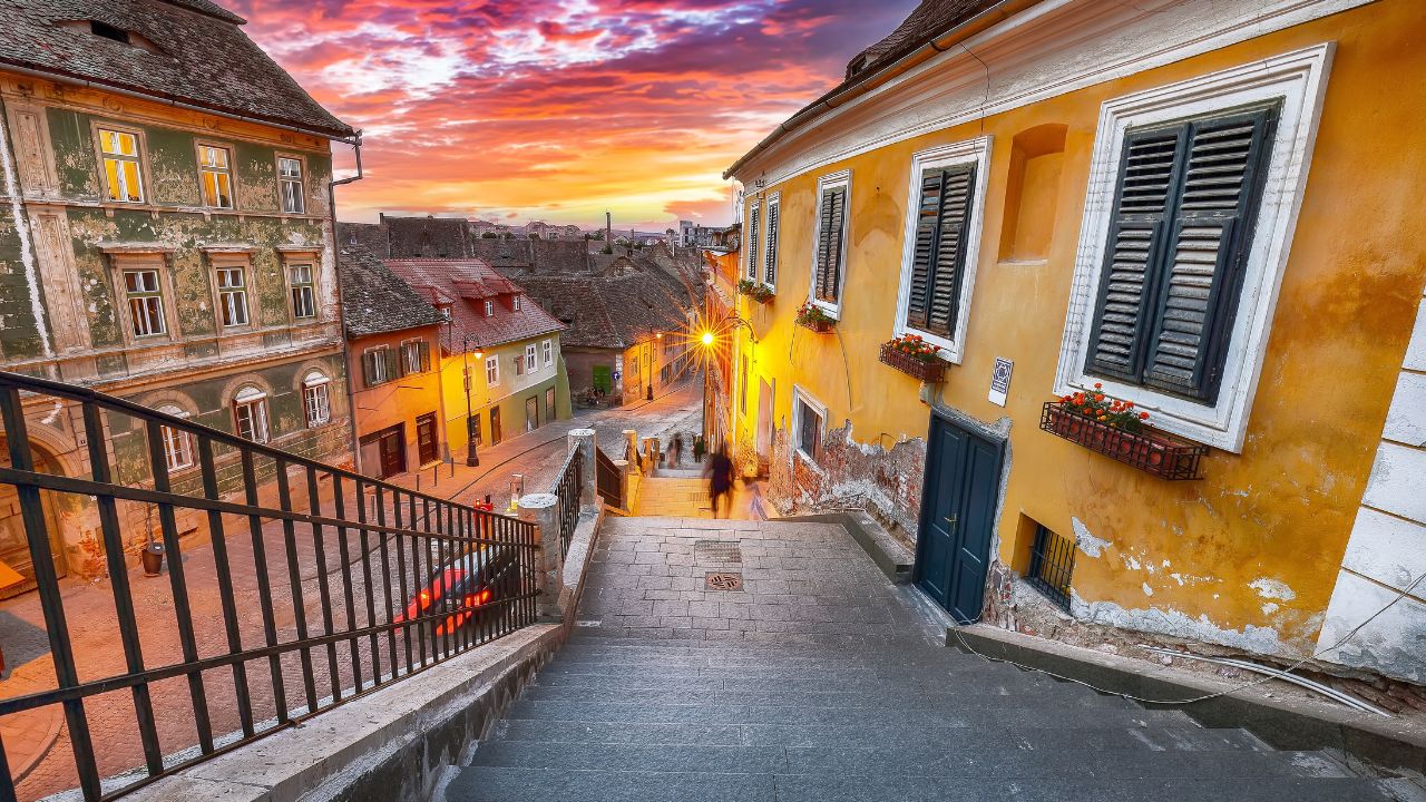 Amazing View of Fragment of Ocnei street in the center of Sibiu city. Impressive scene of Transylvania. Location: Sibiu, Transylvania region, Romania, Europe