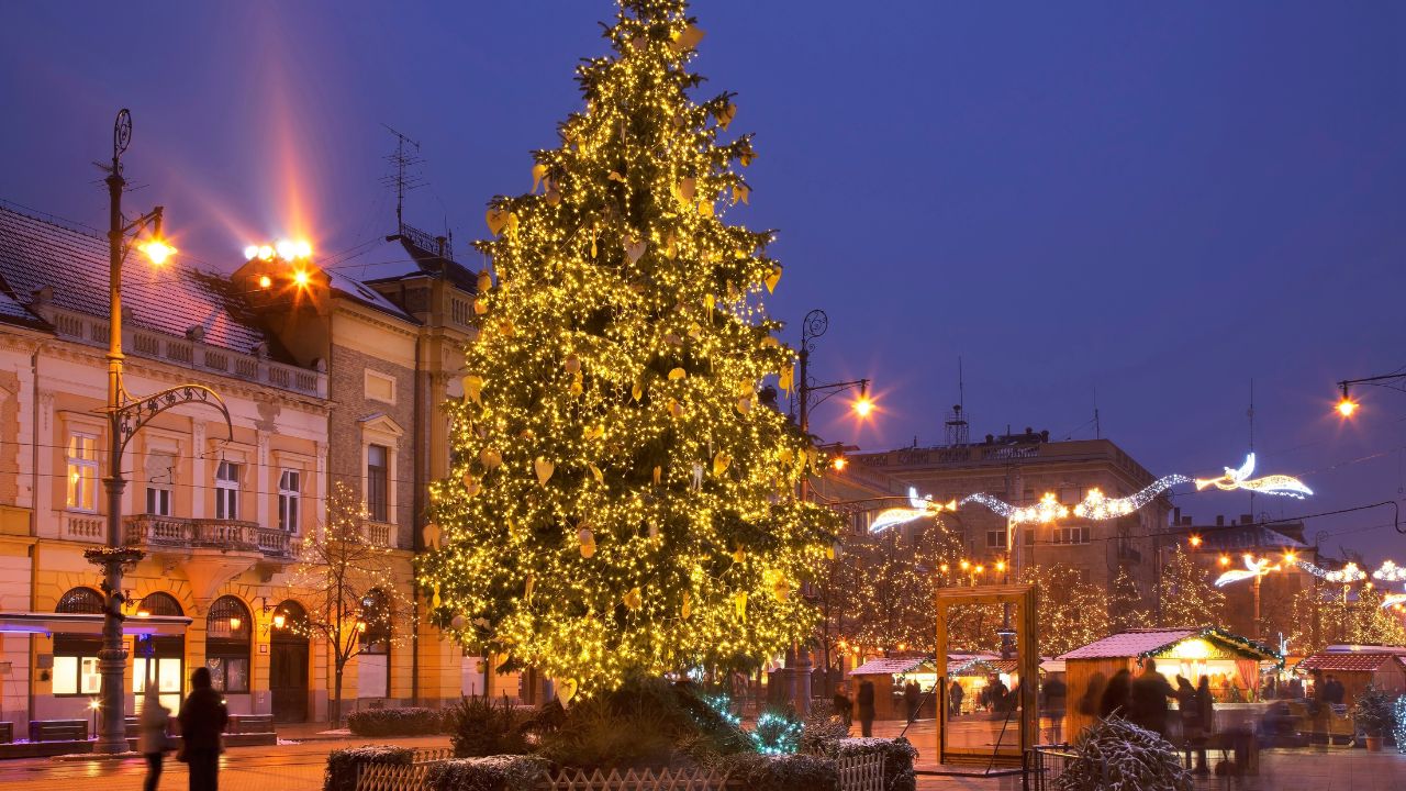 DEBRECEN. HUNGARY. 22 DECEMBER 2017 : Holiday decorations of Kossuth square in Debrecen. Hungary