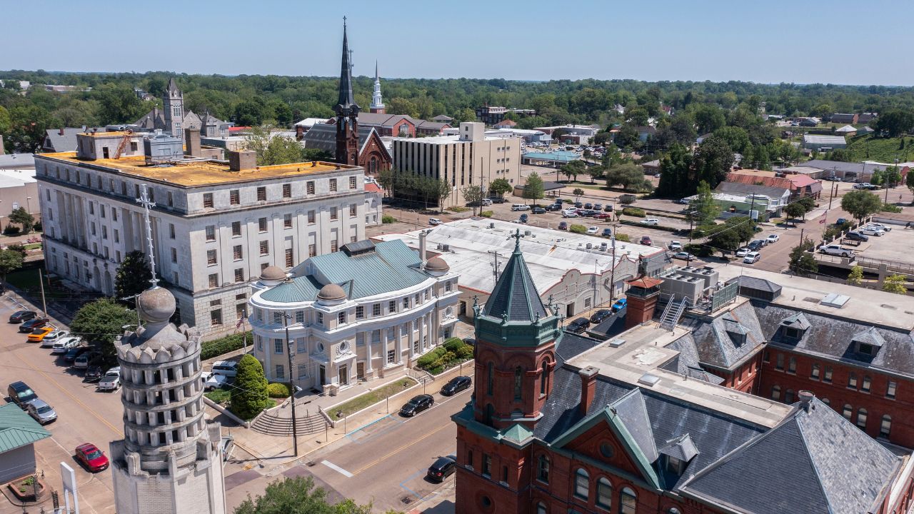 Vicksburg, Mississippi, USA - April 23, 2024: Afternoon sun shines on the historic buildings of downtown Vicksburg.