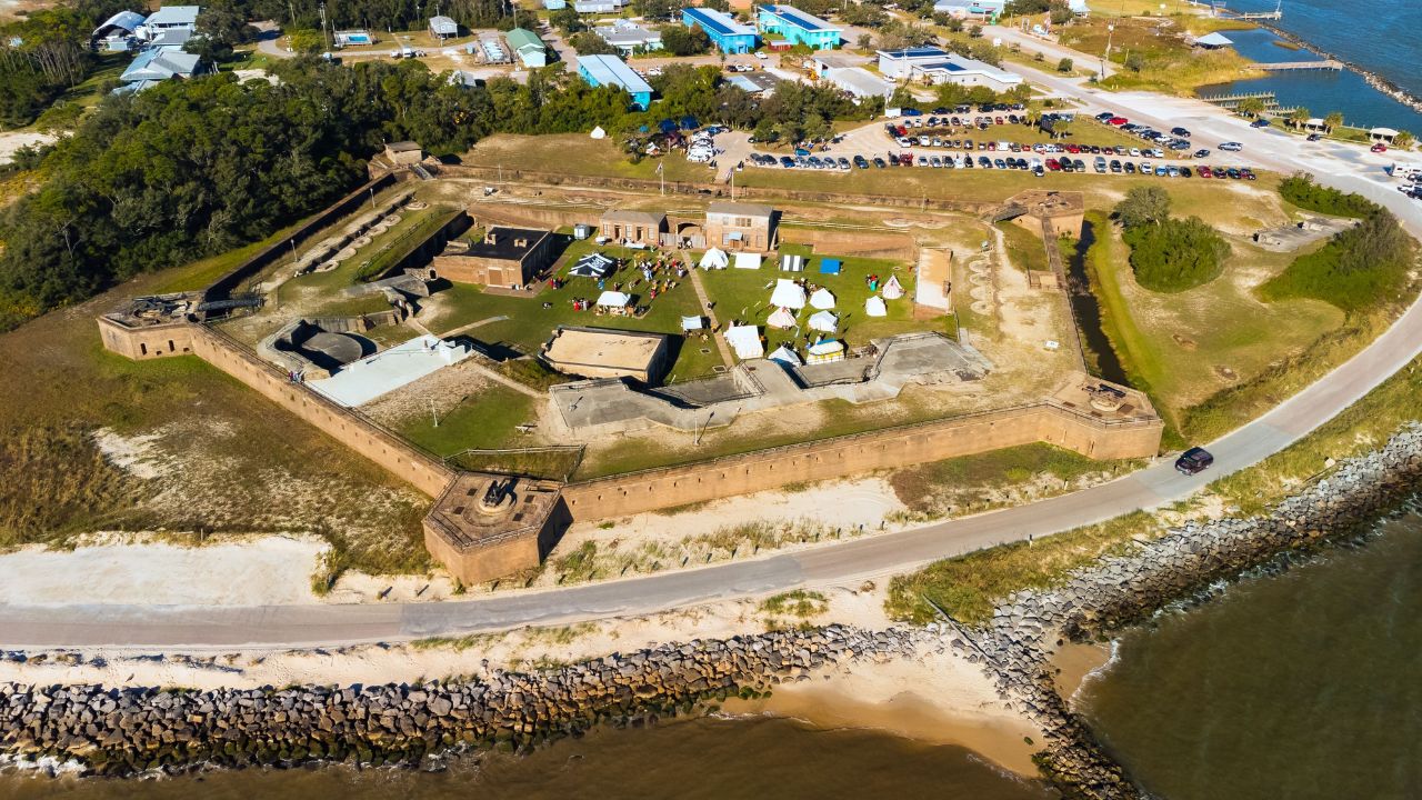 An aerial view of the Fort Gaines located at Dauphin Island along Mobile Bay, Alabama