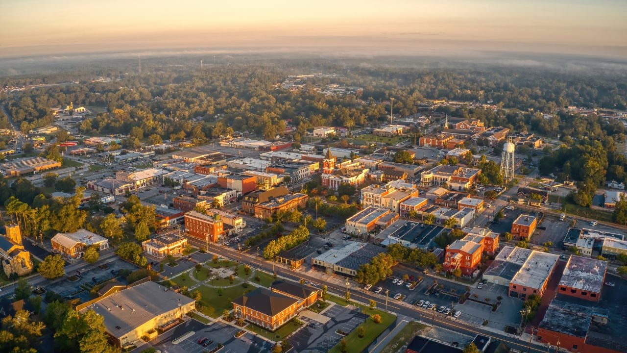 Aerial View of Downtown Statesboro, Georgia in Autumn