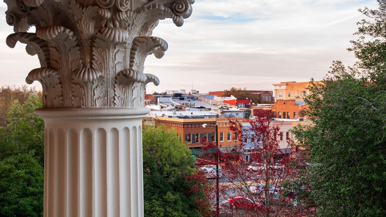 Athens, Georgia, USA downtown city skyline with foliage.