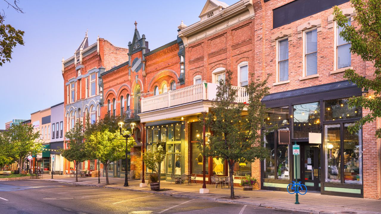 Provo, Utah, USA downtown on Center Street at dusk.