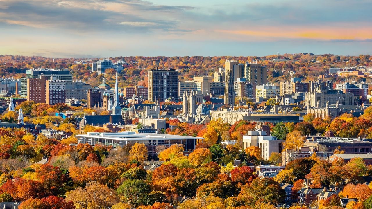 New Haven city downtown skyline cityscape of Connecticut, USA in autumn