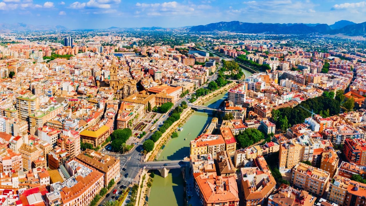 Murcia city centre and Segura river aerial panoramic view. Murcia is a city in south eastern Spain.
